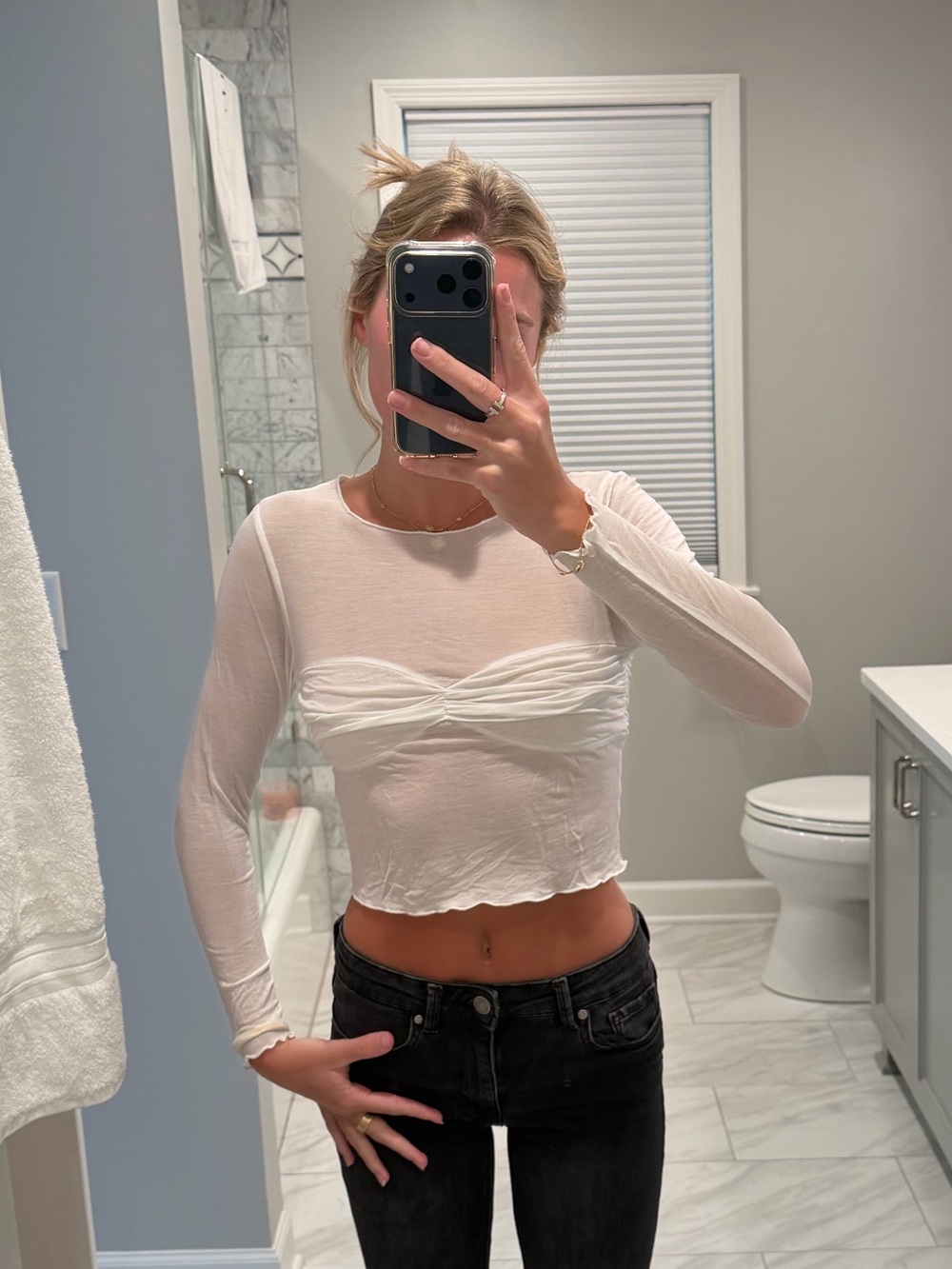 superdown White Sheer Twist-Front Long Sleeve Crop Top